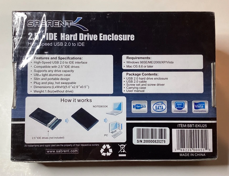 NEW SABRENT 2.5” IDE HARD DRIVE ENCLOSURE HIGH SPEED USB 2.0 TO IDE- SEALED - Image 2 of 4