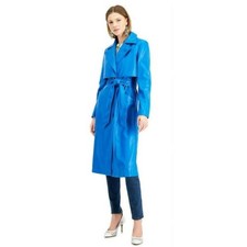 Womens Faux Leather Trench Coat Blue