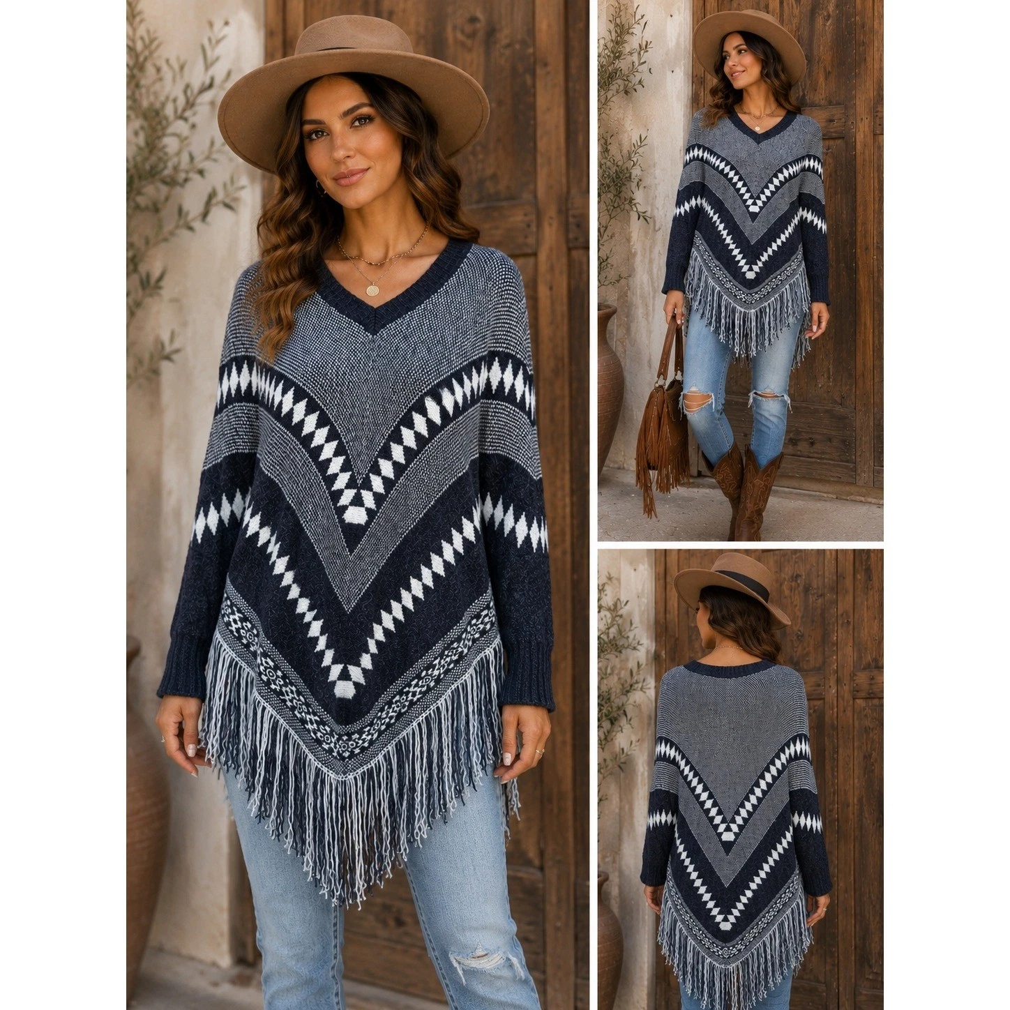 Boho Fringe Poncho Sweater Navy Gray Aztec Western Festival Cozy