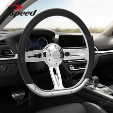 D-shape 14 Racing Car Truck Black Leather Steering Wheel 6-bolt W Chrome Spoke