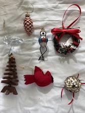 Bird Christmas Ornaments Vintage Lot Of 7 Pine Cones Tree Felt Wood Glass Resin