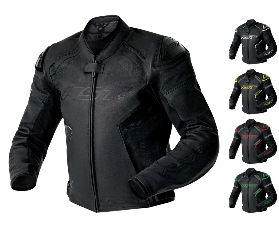 RST S1 D30 Motorrad Sports CE Lederjacke Schwarz/Weiß/Grün/Rot/Gelb Kurz - Bild 1 von 1