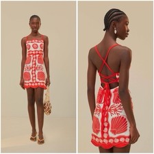 Farm Rio Ainika Red & White Shell Linen Dress, Size Large
