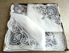 Handmade Belgium Linen  Lace Handkerchiefs/New Box Set Of 4/White w/Lace