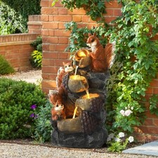 Outdoor Water Fountain with LED Lights, 4-Tier Squirrels Hazelnut Bowls Fountain