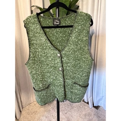Alps Vintage Green Boiled Wool Blend Vest Snowflake Buttons Blanket Stitch Large