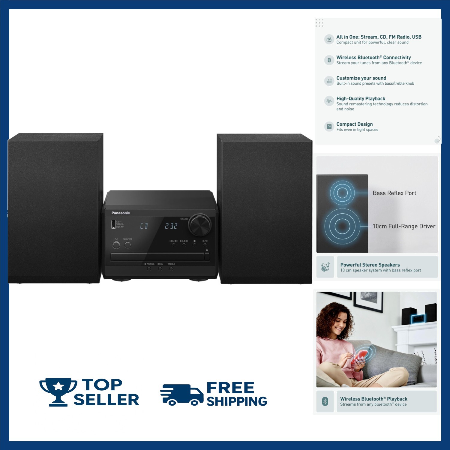 Panasonic Compact Stereo System with CD Player Bluetooth FM 