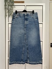 M&S Ladies Straight Denim Maxi Skirt Size 16 Blue Pockets Cotton Chore Utility