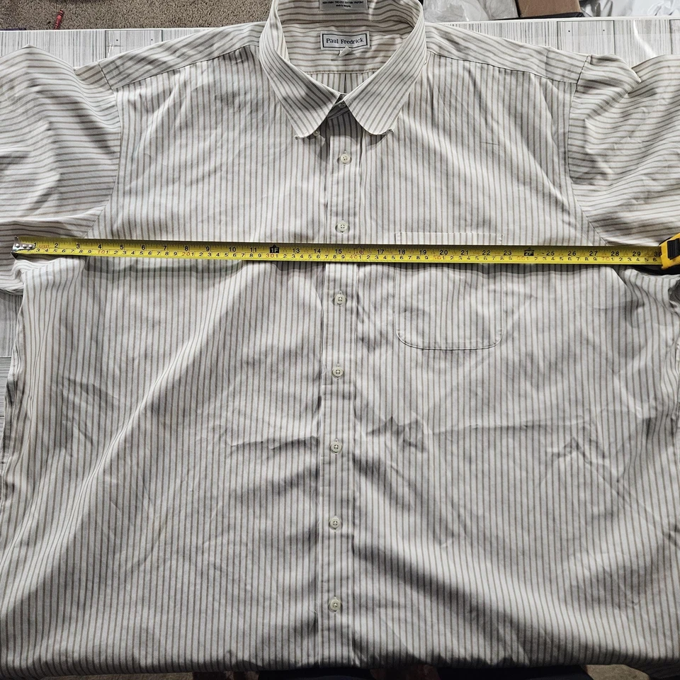 Camisa Paul Fredrick Para Hombre 20 Beige Blanco Rayas Manga Corta Sin Hierro Pinpoint Foto 4 de 4