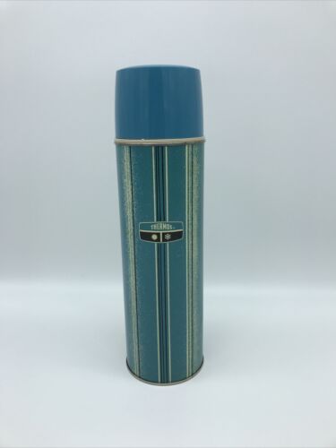 Vintage Blue Stripes 1969 King Seeley Thermos 1 Quart Bottle # 2433 Cup # 84A73
