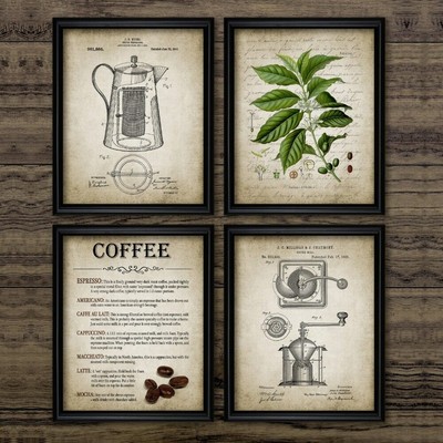 Wall Art Kitchen Home DecorCoffee Cafe Java Lover Fan Barista Patent Print Set 4