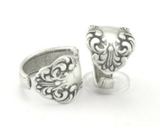 Spoon Ring Flower Patterned Adjustable Ring Antique Silver Plated Brass 2692