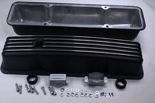 Retro Small Block Chevy Finned Aluminum Short Valve Covers Black Sbc 283 350 400