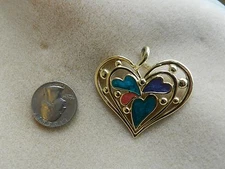 Gold tone Heart Slide Pendant Teal Purple Pink 80's 90's Enamel  Nice!