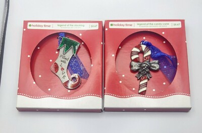 NEW! Two Holiday Time Legend XMas Ornaments Candy Cane & Stocking Pewter&Enamel 