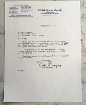 SENATOR DALE BUMPERS TLS TYPED LETTER SIGNED AUTOGRAPH DATED 1977 WASHINGTON