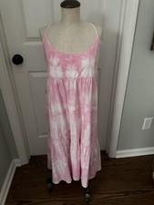 Gap Midi Tiered Dress Pink Tie Dye 100% Cotton Criss Cross Straps Size Small