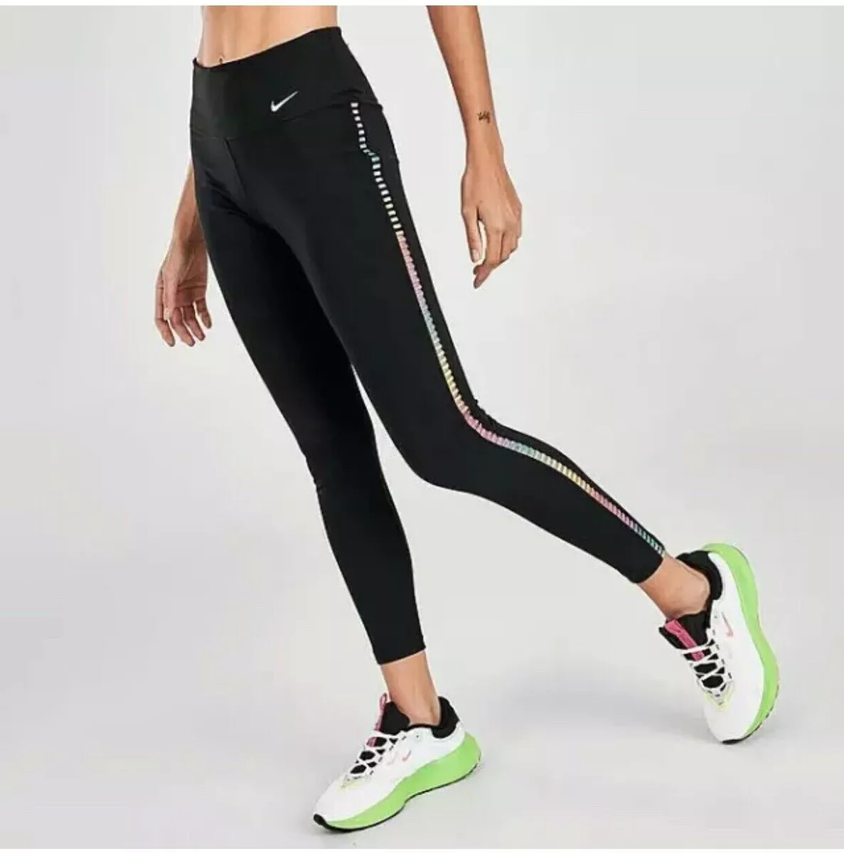 Nike Dri-FIT One Rainbow Ladder Trim Ankle Leggings Womens XS Black NEW