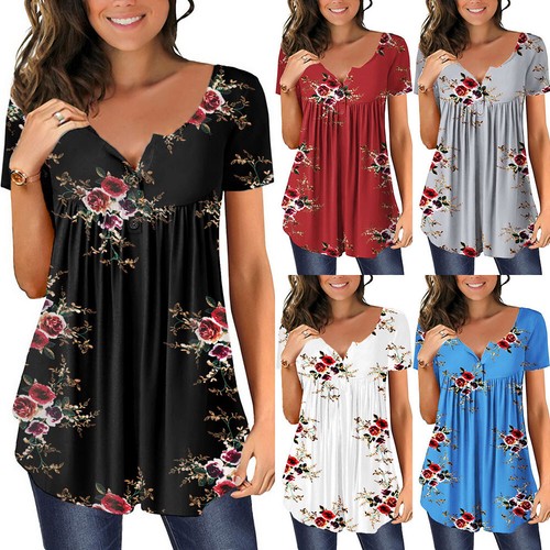 Women Tunic Tops Short Summer Ladies Button Blouse Tee | eBay