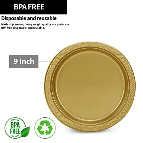 Plato de cena de plástico pesado premium dorado color sólido 9" 50 unidades - pierna... Foto 2 de 4
