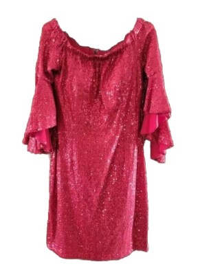   Boston Proper Red Sequin Dress Off Shoulder With Bell Sleeves Size 6 Padded