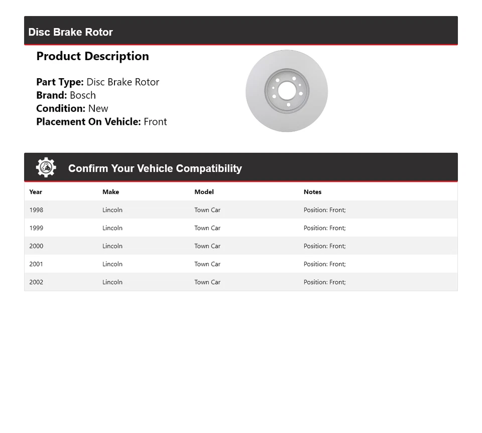 Rotor de freno de disco delantero para Lincoln Town Car Bosch QuietCast 1998-2002 1999 2000 Foto 2 de 4