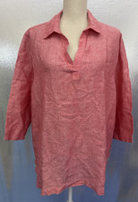 Tahari Linen Shirt Womens Plus Sz 1X Red Linen V Neck 3/4 Sleeve Tunic Top