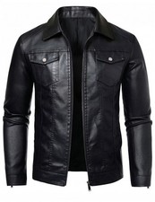 Men's Black Faux Leather Motorcycle Biker Jacket Bomber Coat Large
