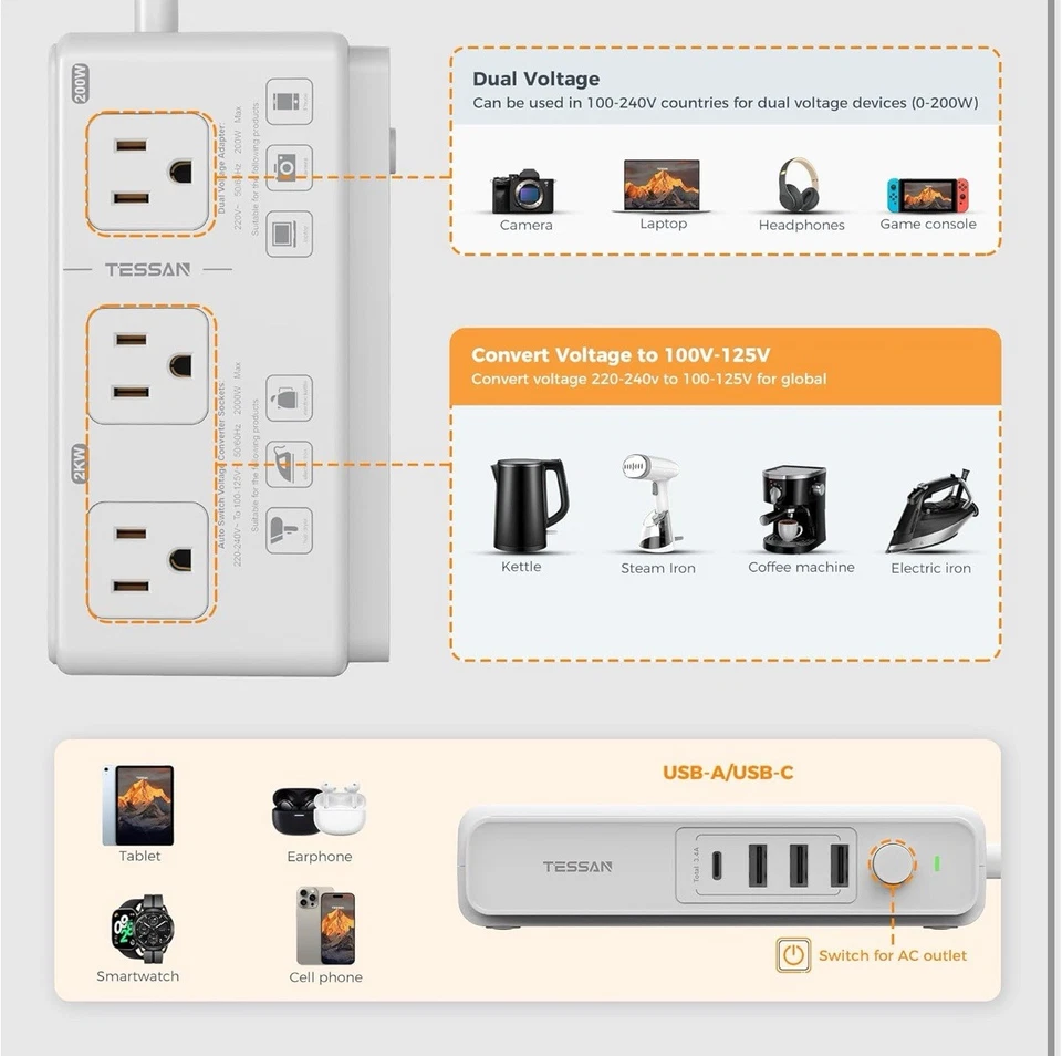 Convertidor de Voltaje Adaptador de Viaje Universal 4 Cargador USB, 3 ENCHUFES AC y Enchufe Foto 3 de 4