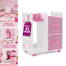 18 Inch Doll Open Wardrobe Closet Wooden Armoire 5 Hangers 2 Storage Bins