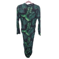 Unbranded 1XL Bodycon Midi Dress Green Tropical Palm Mesh Ruched Mock Neck