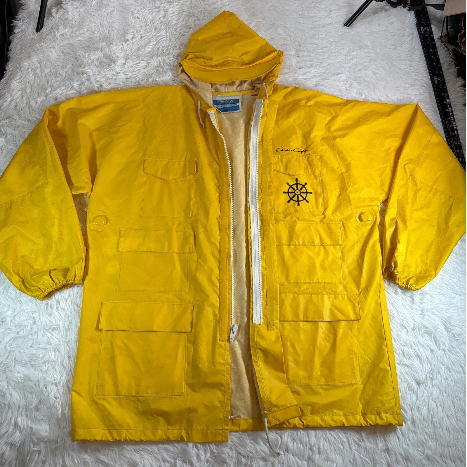 VTG Chris-Craft Yellow Rain Suit Jacket Bib Overalls PVC Maritime Gorpcore XL - product detail image 12