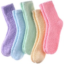 LINEMIN Womens Fuzzy Socks Cozy Fluffy Winter One Size, 5 Pack Soild Color B