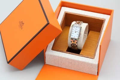 Serviced *N MINT* Hermes Croisiere CR1.240 White Roman Gold Quartz Damenuhr