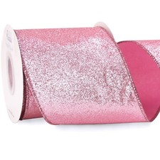 4 Inch x 10 Yards Pink Glitter Wired Ribbon With Metallic Edge For Wreath