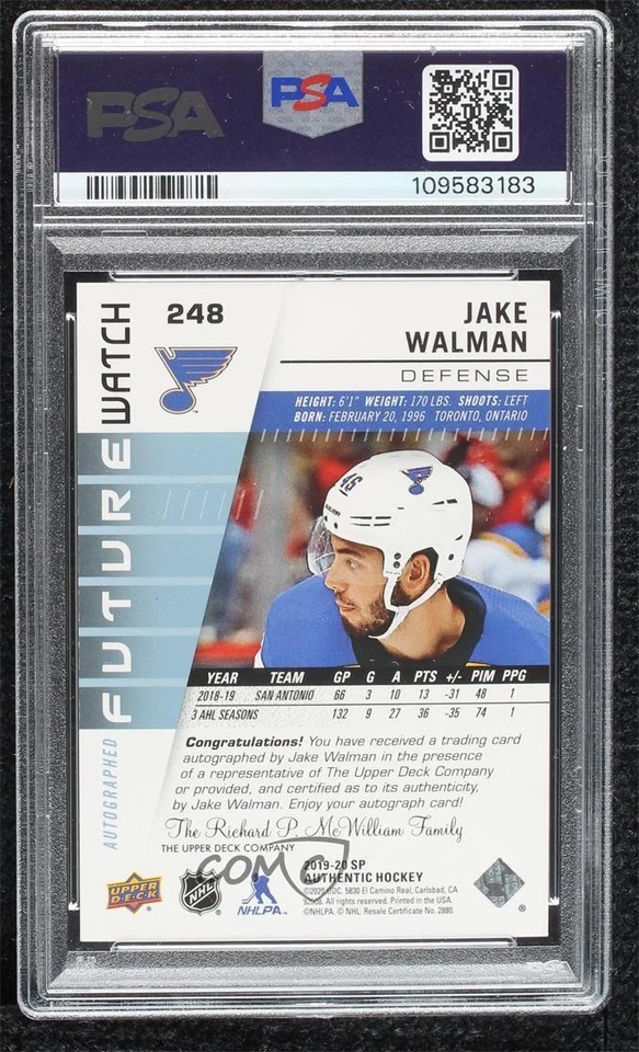 2019-20 SP Authentic Future Watch Rookies Jake Walman PSA 9 MINT Rookie Auto RC - Image 2 of 2