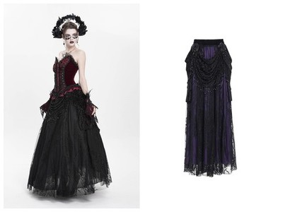 Eva Lady Women Black Gothic Beaded Embroidered Floral Layered Mesh Long Skirt