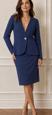 St John Basics Navy Blue Santana Knit Skirt Suit Set Gold Crest Button Size 2
