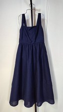 Quince 100% European Linen Fit & Flare Midi Dress Deep Navy Basic Sleeved S