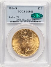 1914-S $20 CAC Saint-Gaudens Double Eagle PCGS MS63