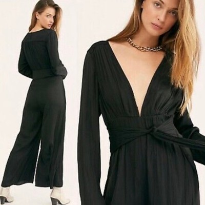 Free People Larina Black Pleated Wide Leg Jumpsuit 6 Evening Chic Baddie Party