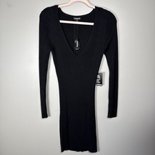 EXPRESS Long Sleeve Ribbed Knit Dress Black Size Large Knee Length Fitted NWT