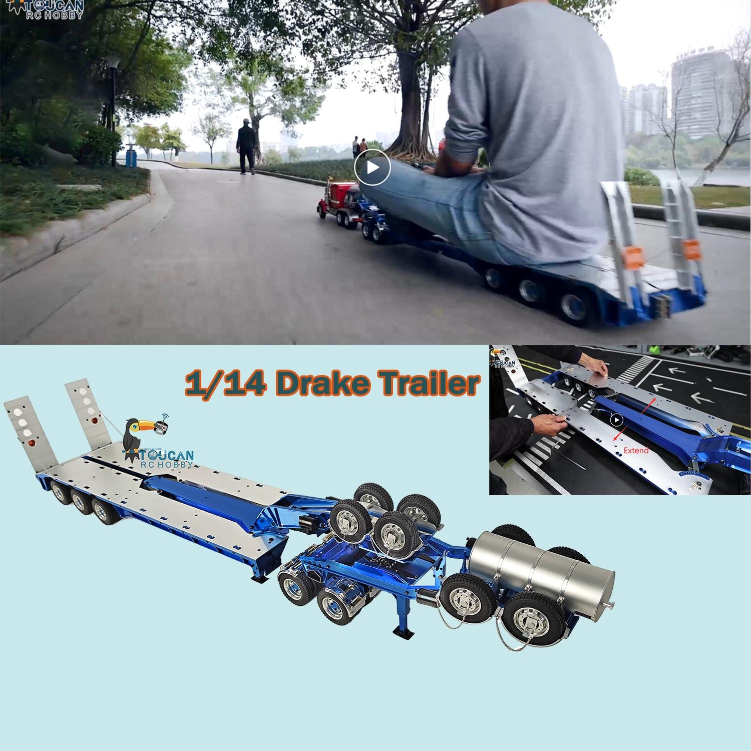 JDM 1:14 Metal Drake Trailer 1.5M Long for 1/12 1/14 RC Truck Excavator Loader
