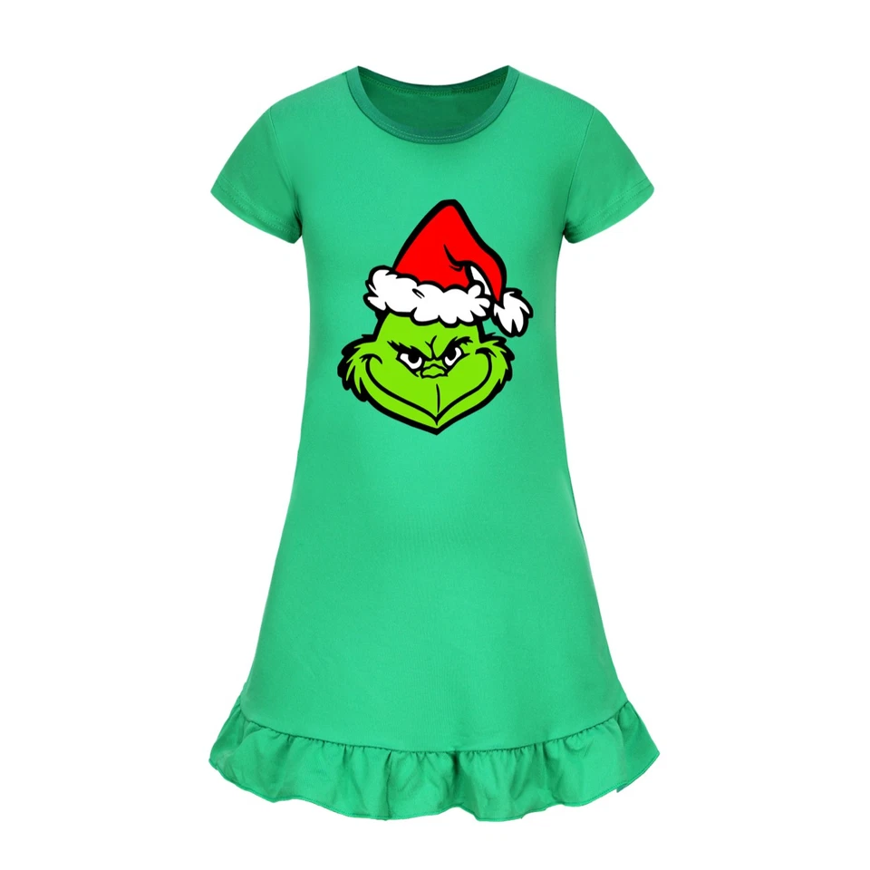 Girls Christmas Grinch Sleepwear Dress Kid Pyjamas Cozy Nightdress Nightwear Pjs - Image 4 of 4