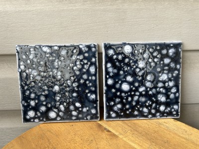 Blue Speckled Acid Wash Bubbles Art Pottery Cermaic Tiles Trivets 6  Signed-2