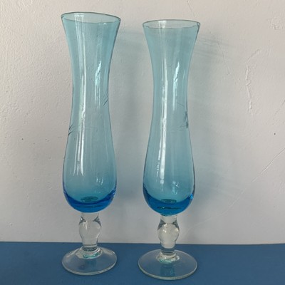 2 Vintage Koreanische Aqua Blau Geätzte Knospen Vasen Handarbeit