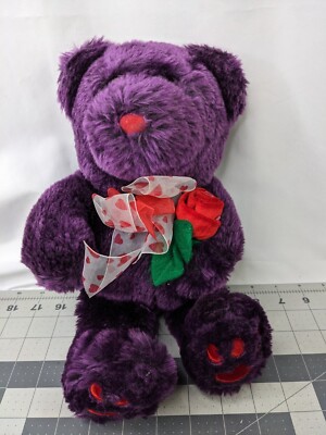 Dan Dee Purple Bear Plush Red Rose 12 Inch Stuffed Animal Toy