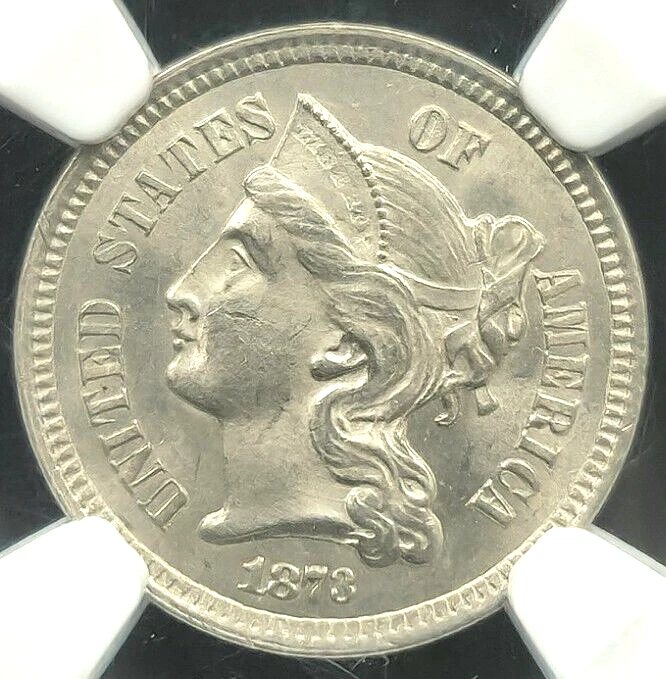 1873 Open 3 Three Cent Nickel Reverse Lamination Mint Error MS 64 NGC #2457 - Image 3 of 4
