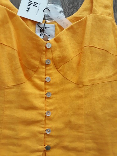 Hi There Karen Walker NWT NEW Linen Daisy Yellow Corset Top 8 Shell Buttons CUTE - Picture 6 of 12