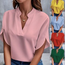 Short Sleeve Blouse T Shirt Tunic Tops Ladies Tees Loose V Neck Office Solid